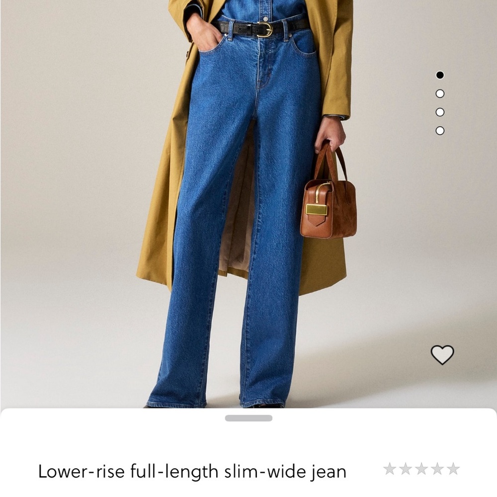 Lower-rise full-length slim-wide jean.